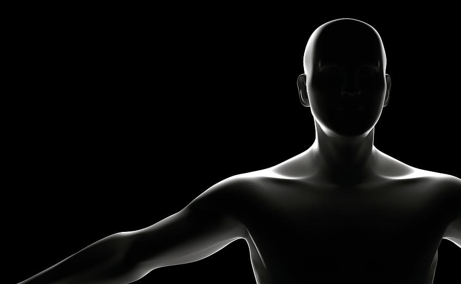 man, dummy, plain, studio shot, black background, indoors, one person, rear view, shirtless, adult