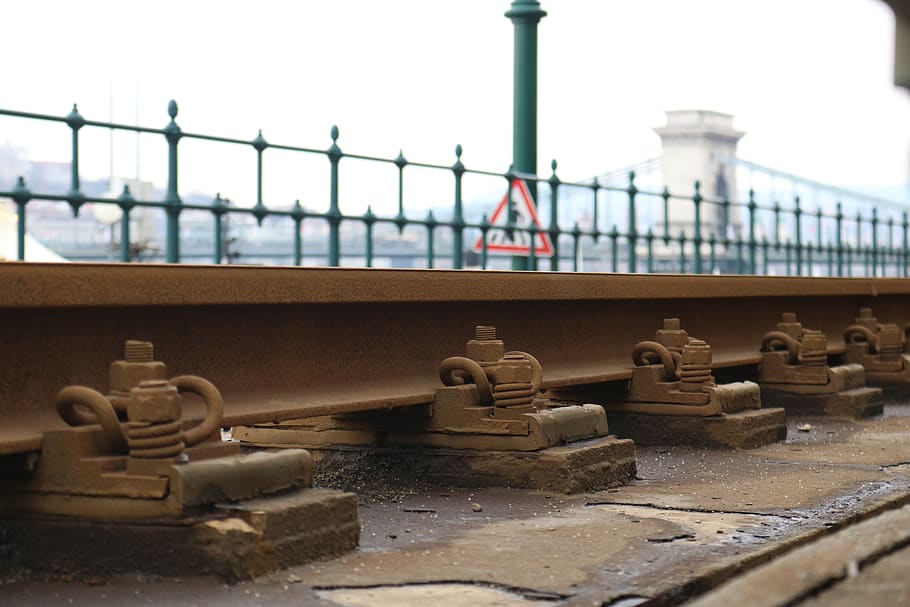 rails, train, tram, budapest, chain bridge, hungary, city, architecture, metal, day