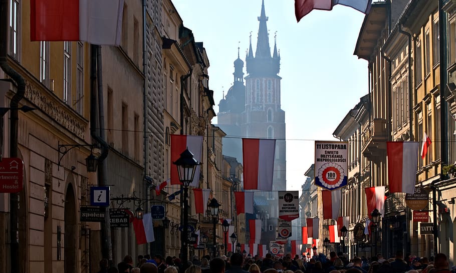 hari raya, abad, kemerdekaan, Polandia, kraków, perayaan, orang-orang, bendera, kerumunan, jalan