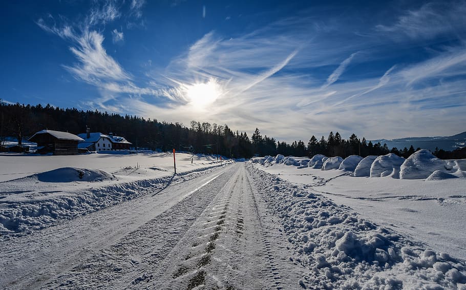 road, snow, winter, sky, clouds, path, forest, cold, chaumont, neuchâtel