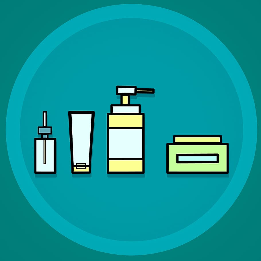 Ilustración, belleza, productos para el cuidado de la piel, productos., cuidado de la piel, cosméticos, baño, crema, botellas, limpiar
