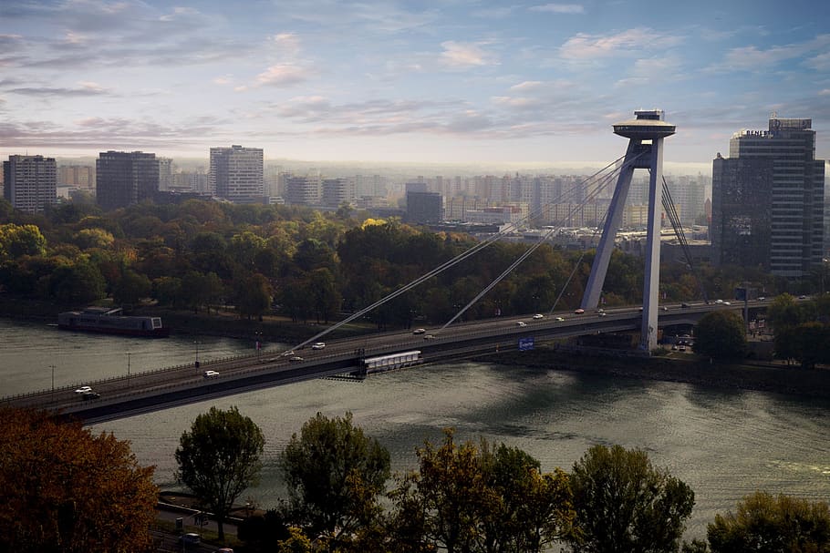 scape, city, bridge, danube, ufo, bratislava, suspension bridge, slovakia, water, buildings