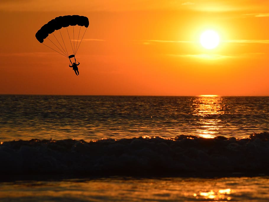 paraglider, sunset, paragliding, parachute, silhouette, orange, dom, leisure, sport, flying