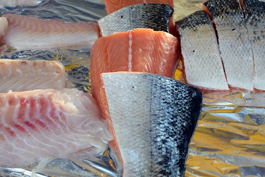 ikan segar, fillet ikan, salmon, fillet salmon, makanan laut, makanan, ikan, kesegaran, makanan dan minuman, bertulang belakang
