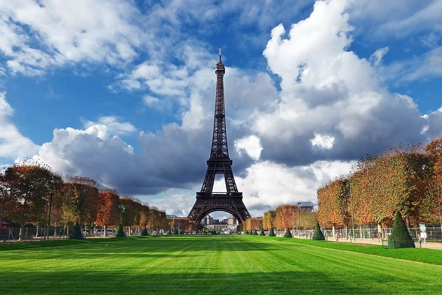 paris eiffel tower, city and Urban, paris, tower, sky, cloud - sky, architecture, grass, travel destinations, plant