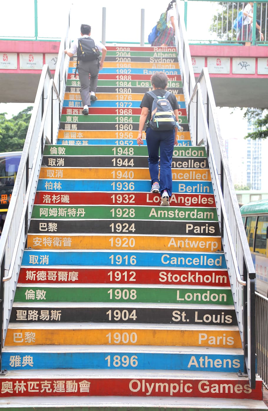 school children, walking, stairs, decorated, past, olympic dates, hong kong, asian, child, colorful