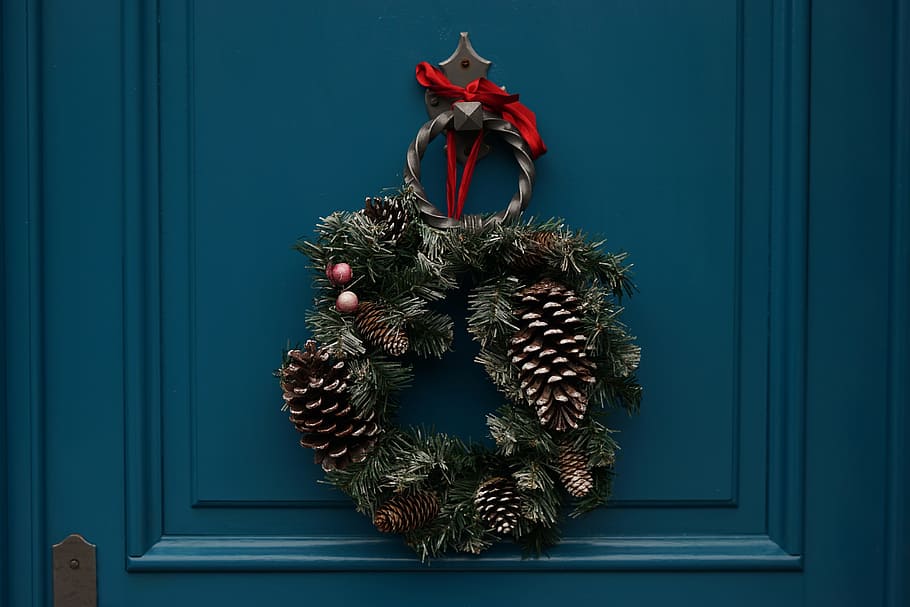 pine, cone, wreath, christmas, decoration, holiday, season, door, celebration, christmas decoration