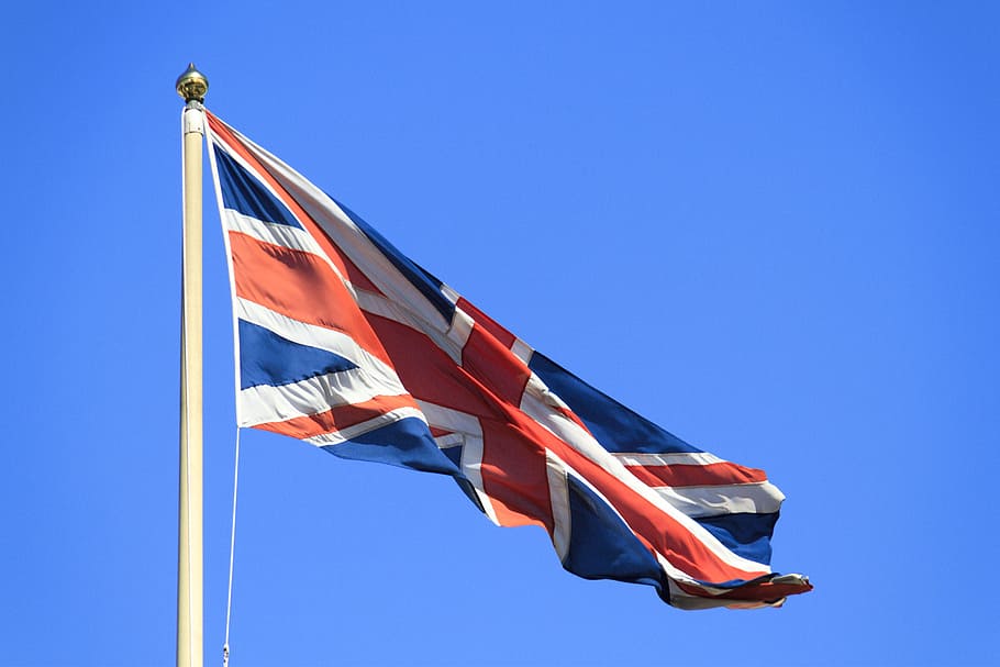 great, britain union, jack, flag., azul, brisa, britain, bandeira, tremulando, união