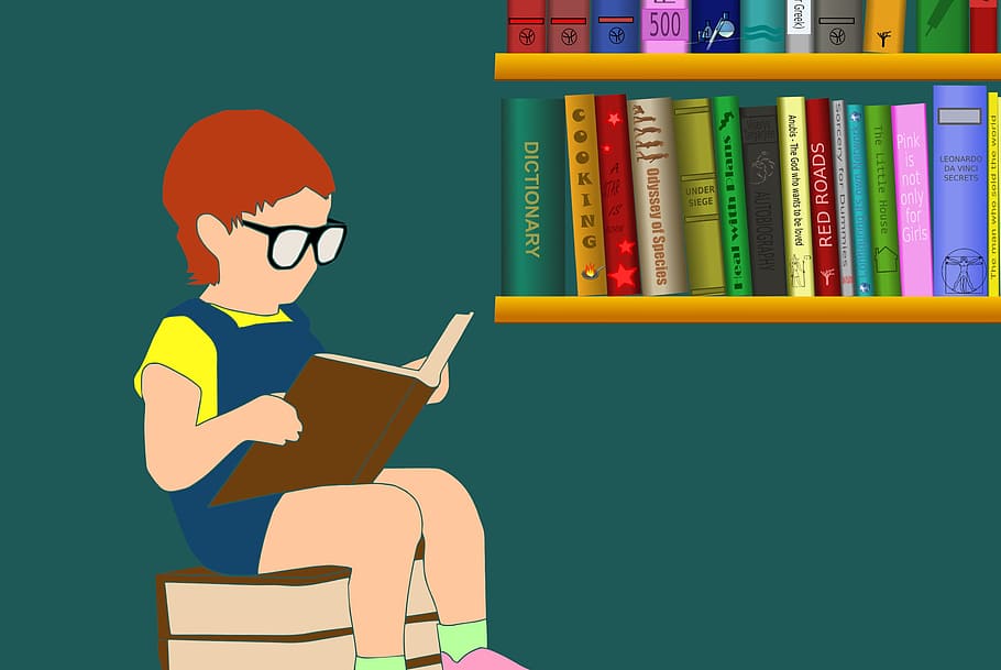 ilustração, criança, sentado, lendo, livro, estante, meninas, educação, óculos, aprendendo