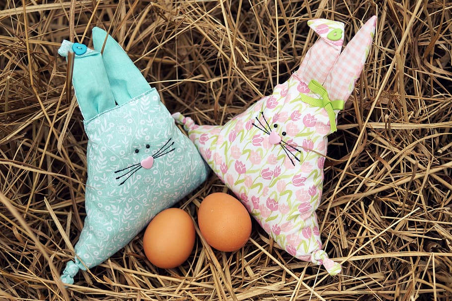 easter, easter bunny, stuffed animals, pillow, easter figures, happy easter, figures, sewn, blue, pink