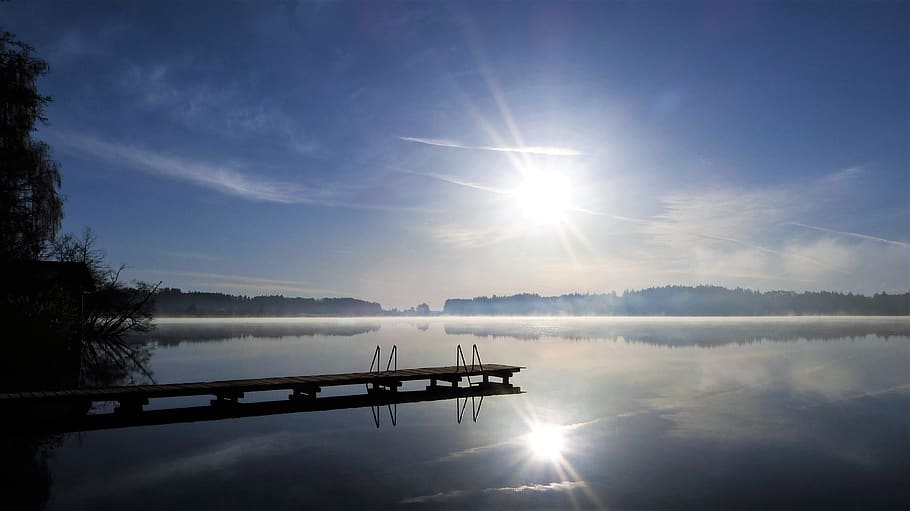 web, crepúsculo, lago, sol, rayo de sol, niebla, descanso, agua, paisaje, Baviera