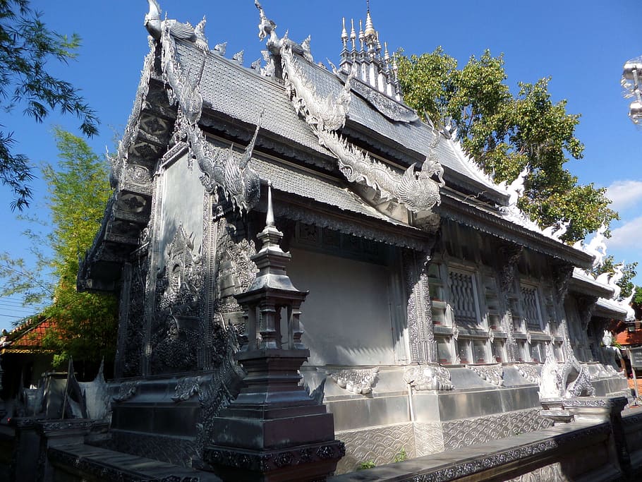 salão de ordenação prateado, templo budista de suphan, chiangmai, tailândia, buda, budismo, budista, estátua, religião, espiritualidade