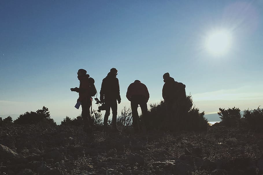 hilltop, group of people, camera, equipment, film camera, filming, photography, photographing, backpack, hiking