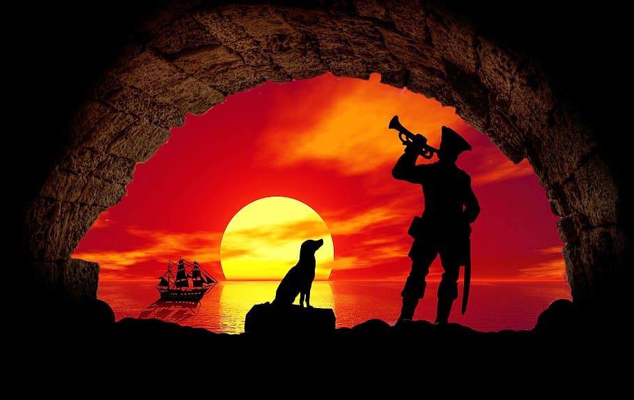 pirata, caverna, cachorro, mar, areia, navio, navio pirata, sol, pôr do sol, fantasia