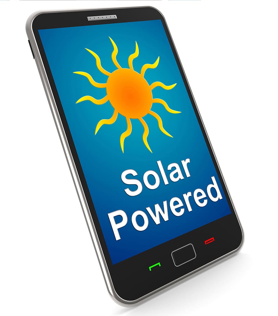 solar, alimentado, móvil, mostrando, energía alternativa, luz solar, teléfono celular, energía, fuente de energía, internet