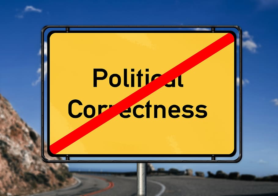 politically, correctly, road sign, traffic sign, shield, note, town sign, right, false, expression