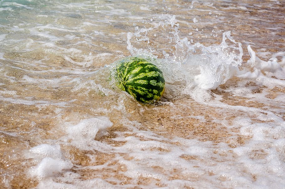water, nature, sea, beach, wave, watermelon, berry, sand, summer, spray