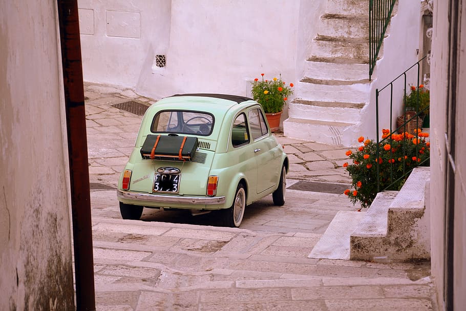 vintage car, flowers, 500, fiat, alley, staircase, monte sant'angelo, gargano, puglia, mode of transportation