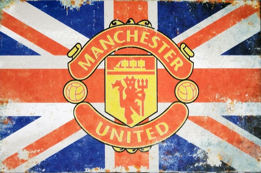 Vintage, desgastado, Union, Jack, letrero publicitario, Manchester, United, club de fútbol, ​​-, uso editorial
