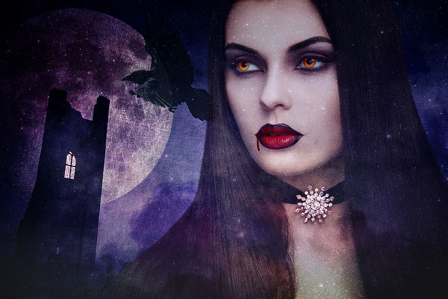 vampire, halloween, ruined castle, raven, woman, horror, darkness, flying bird, moon, night