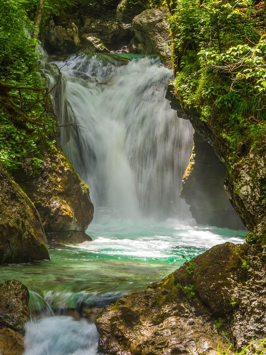 waterfall, slovenia, nature, water, forest, cascade, flow, river, murmur, rock