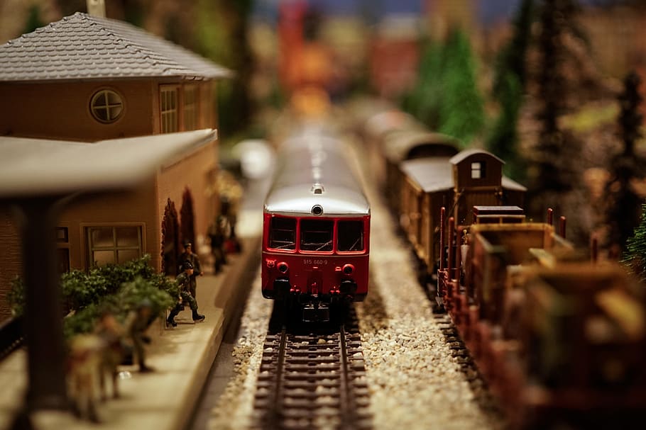 mainan, kereta api, tilt-shift, kecepatan, tidak nyata, trek, rel, transportasi kereta api, fokus selektif, jalur kereta api