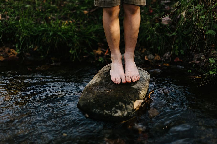 child, person, people, legs, feet, barefoot, stand, stones, rocks, stream