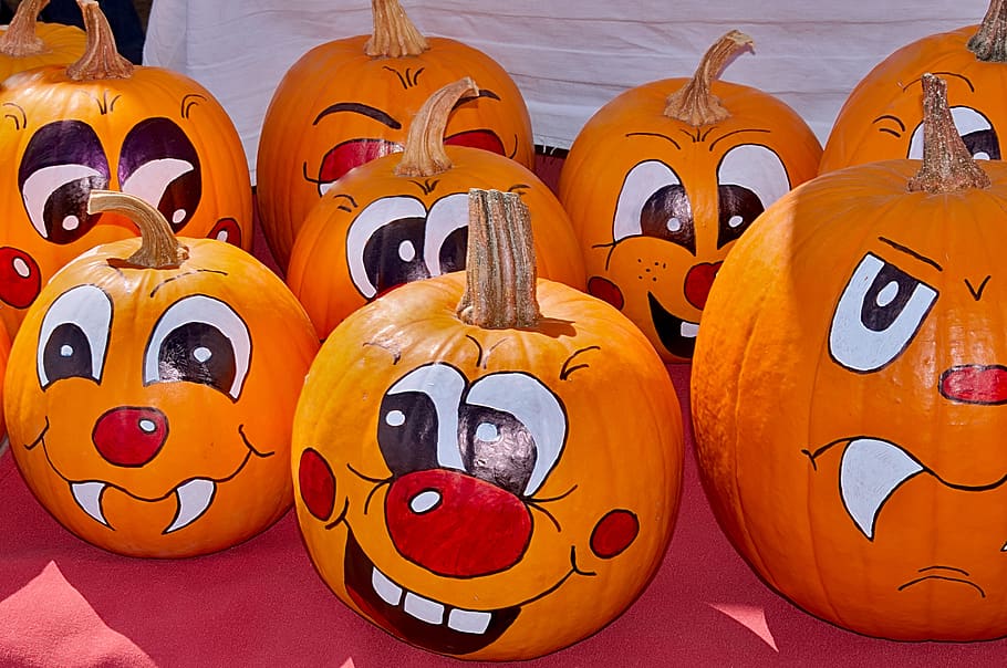 pumpkin, painted, autumn, funny, decoration, celebration, food, orange color, halloween, art and craft