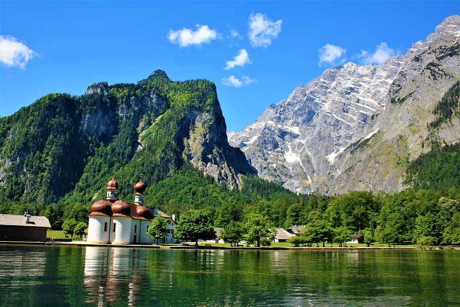 alpine, watzmann, königssee, mountains, water, bartholomä, upper bavaria, bergsee, beauty in nature, mountain