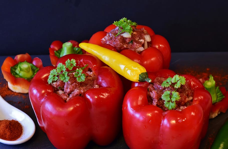 paprika, peppers filled, minced meat, fresh, lunch, cook, food, dine, red, sweet peppers
