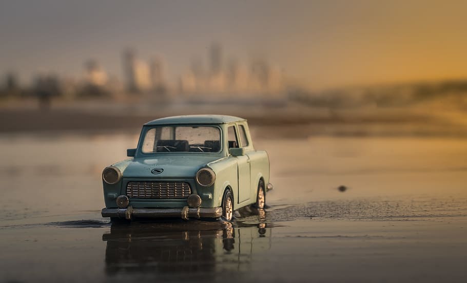 mini, miniature, car, automobile, ride, transport, beach, water, flow, city