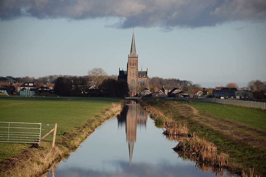 church tower, polder, landscape, holland, countryside, netherlands, meadow, horizon, ditch, water