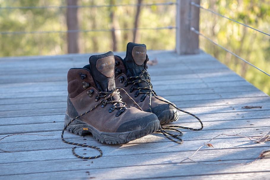 boots, hiking boots, work boots, leather, outdoors, shoes, footwear, laces, day, focus on foreground
