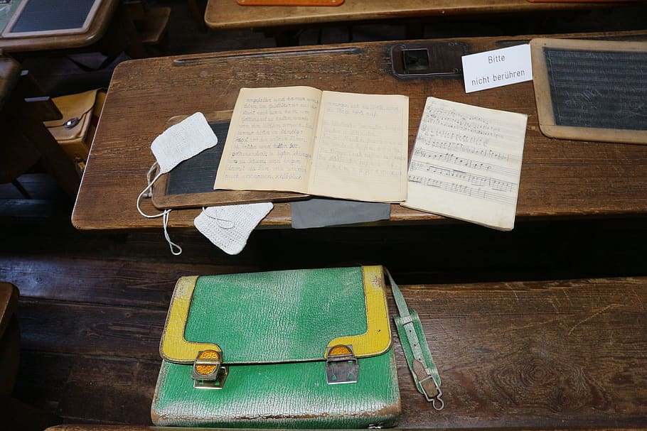 satchel, scriptures, writing slate, museum, antique, school bank, letters, documents, paper, handwriting vintage