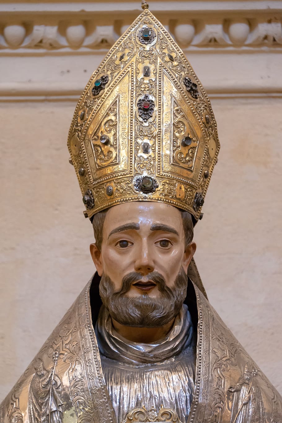 medieval statue, wooden, bishop, religion, christianity, silver, seville, spain, cathedral, mitre