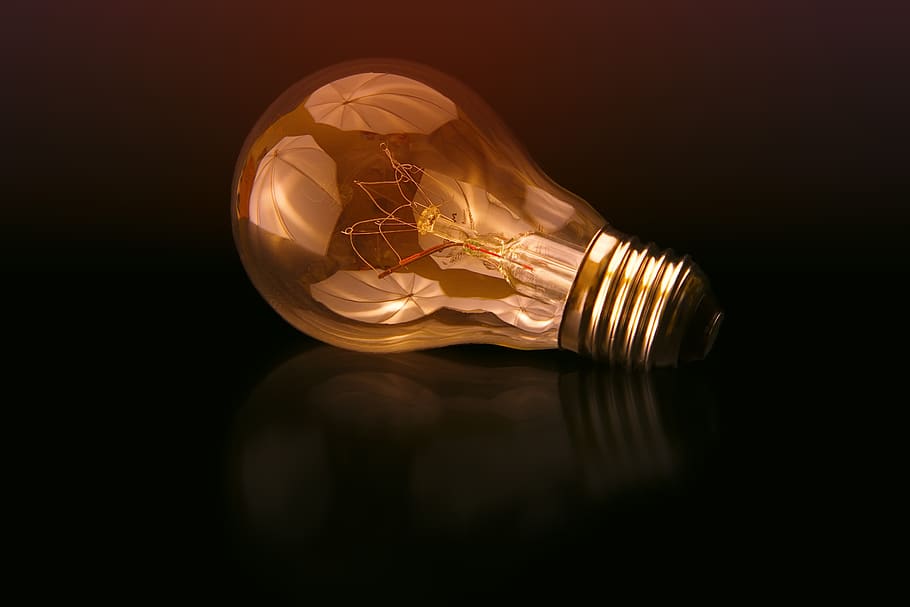 light, light bulb, idea, pear, current, shining, lamp, mirroring, dark, filament