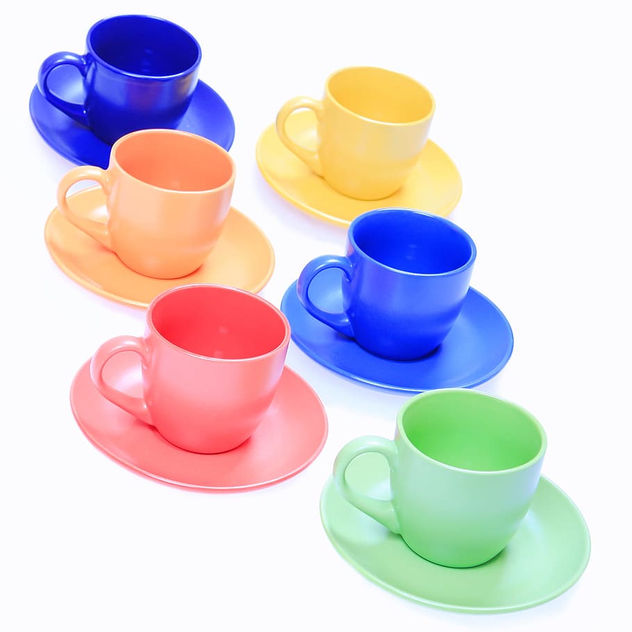 cups, colorful, beverage, blue, bright, cafe, ceramic, clean, closeup, coffee