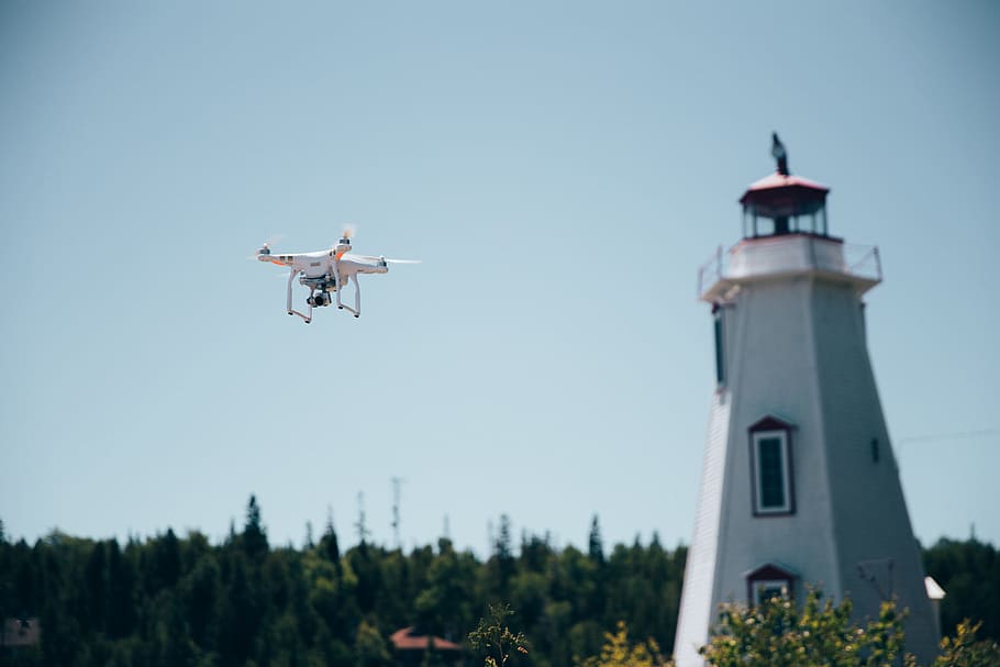 drone, flight, lighthouse, clear, sky, background, clouds, control, discovery, flying
