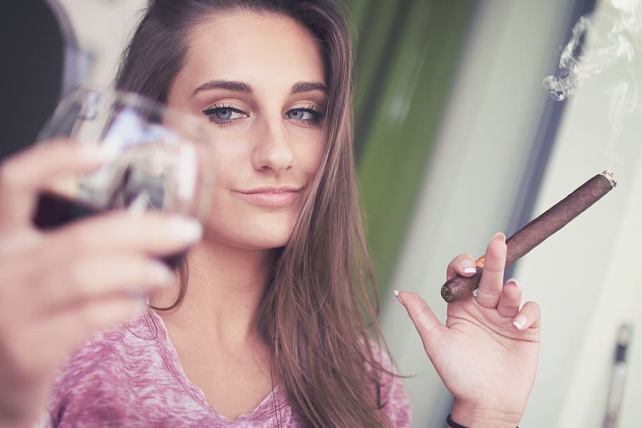 young, girl, cigar, glass, alcohol, young adult, young women, holding, women, portrait
