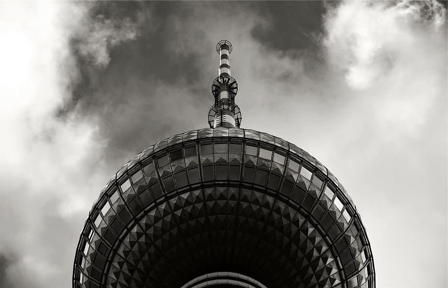 sky, clouds, tower, architecture, black and white, sculpture, cloud - sky, statue, art and craft, built structure