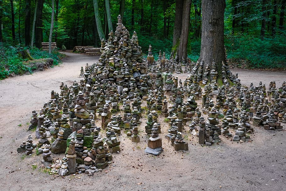 cairn, art, forest, tower cairn, nature, landscape, stones, pile, artwork, stacked together