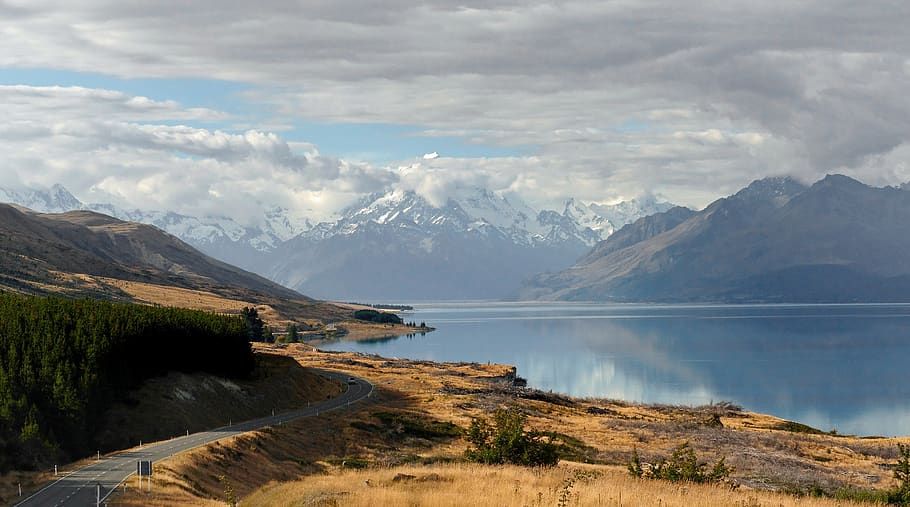 lake pukaki, alpine, mount cook, landscape, scenic, mountains, snow, new zealand, reflection, clouds