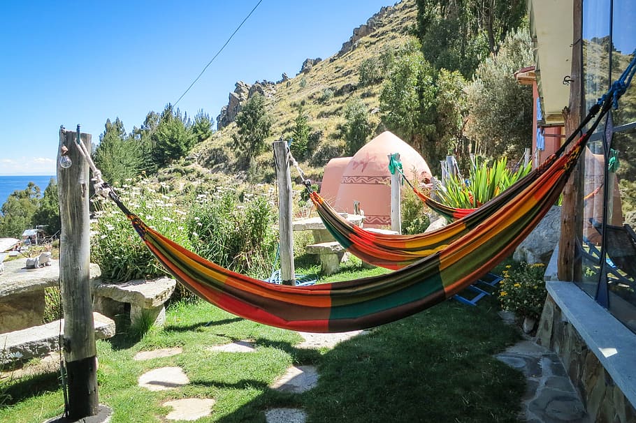 hammocks, Las Olas Suites, Copacabana, Bolivia, relaxing, chilling, grass, yard, hills, plant