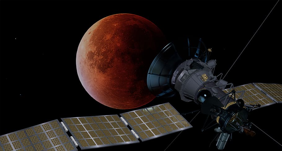 blood moon, satellite, space travel, space, universe, moon, lunar eclipse, moonlight, full moon, astronomy