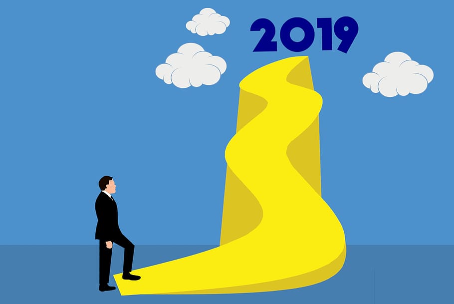 ilustração, objetivos de negócio, 2019, ano novo, feliz ano novo, começo, sucesso, caminho, maneira, empresário