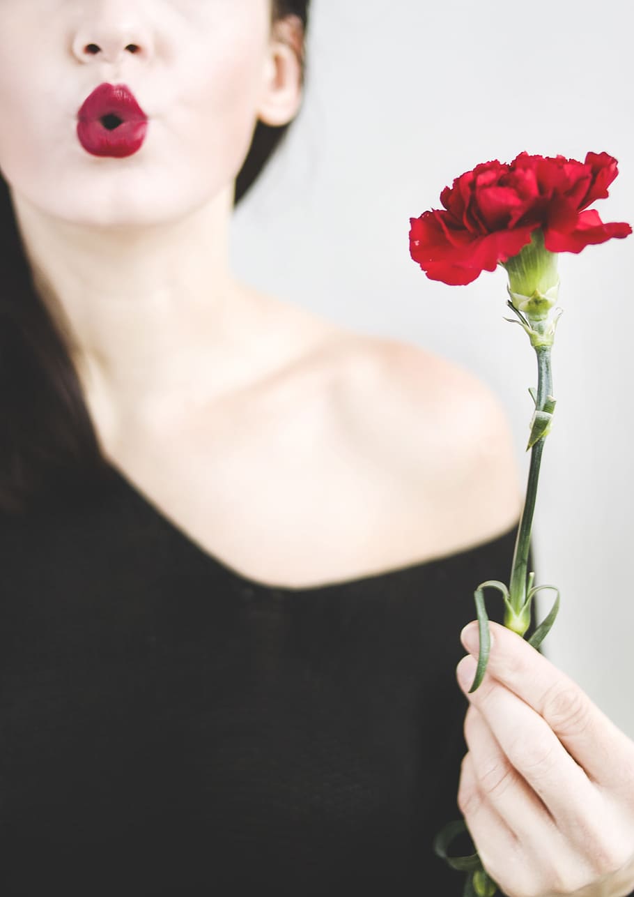 женщина, воздушный поцелуй, цветок, Красный, женский пол, люди, девушка, черное платье, Мода, красный цветок