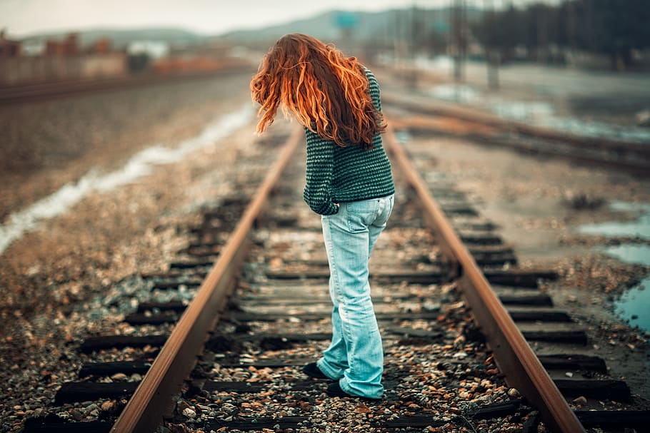 people, girl, woman, alone, railway, track, outdoor, rail transportation, railroad track, one person