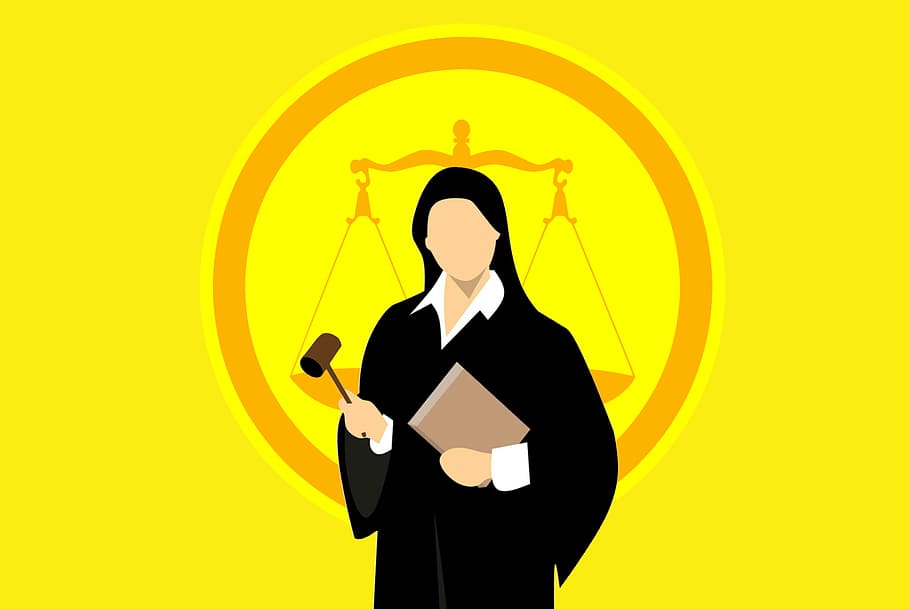 ilustración, juez ni robes, martillo, juez, demanda, mujer, estadounidense, autoridad, caso, civil