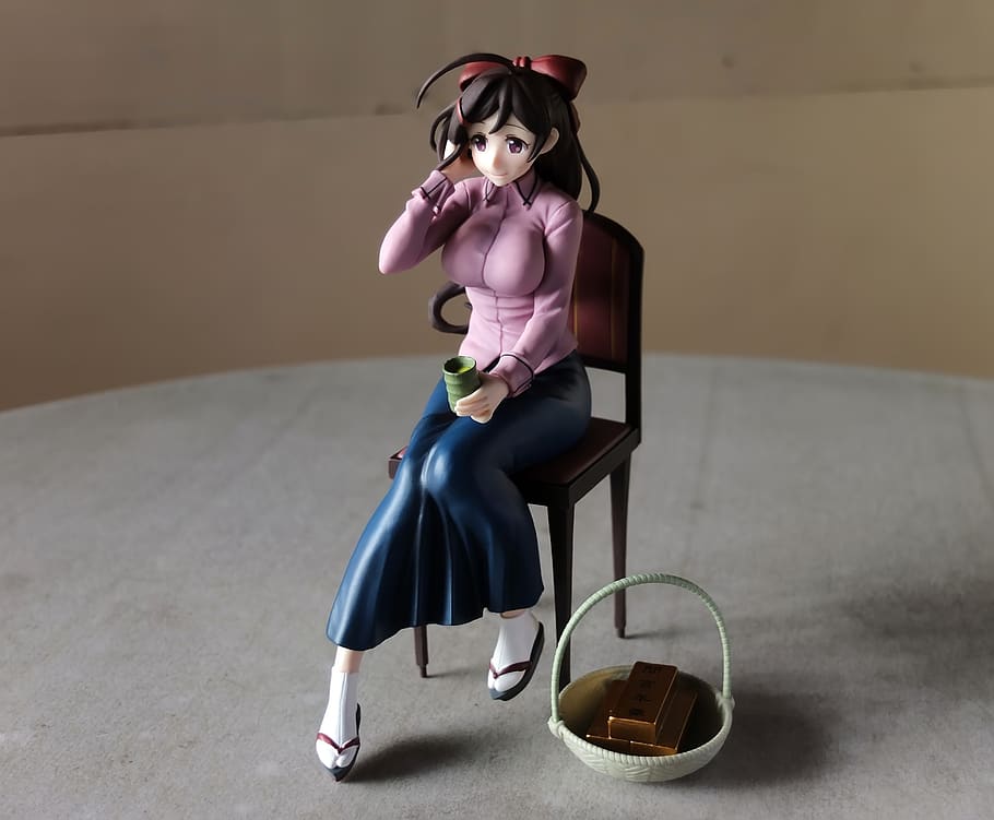 toy, figurine, young, lady, female, food, tea, cup, drinks, gold