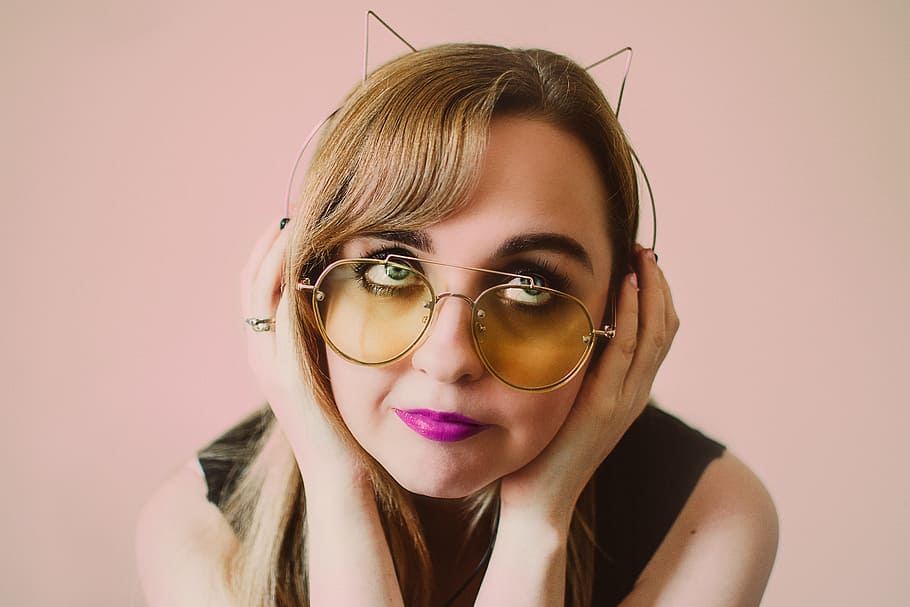 quirky, woman, sunglasses, cats ears, lip stick, female, girl, minimal, background, listen